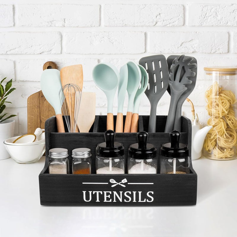 RedCall Extra Large Kitchen Utensils Holder 4 Compartments,Wood Utensil Organizer for Kitchen Countertop,Farmhouse Cooking Utensil Holder with Spice Storage space (Black) - Image 2